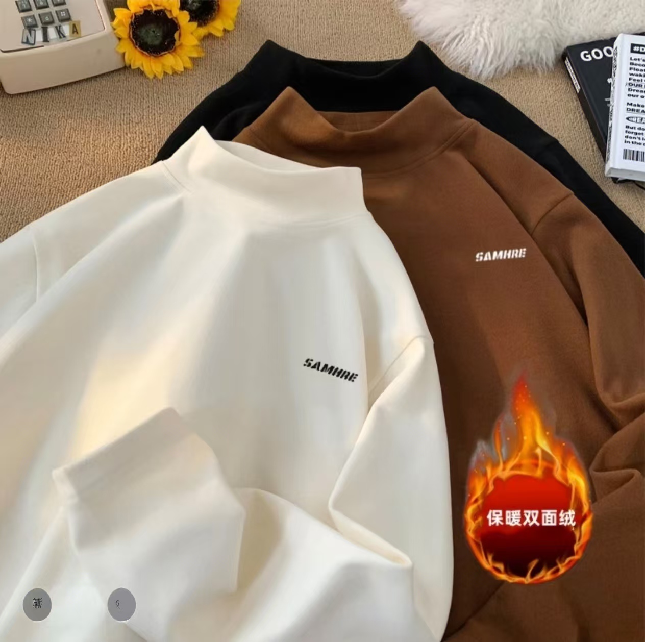 双面绒半高领长袖T恤衫青少年宽松潮流保暖内搭秋冬上衣