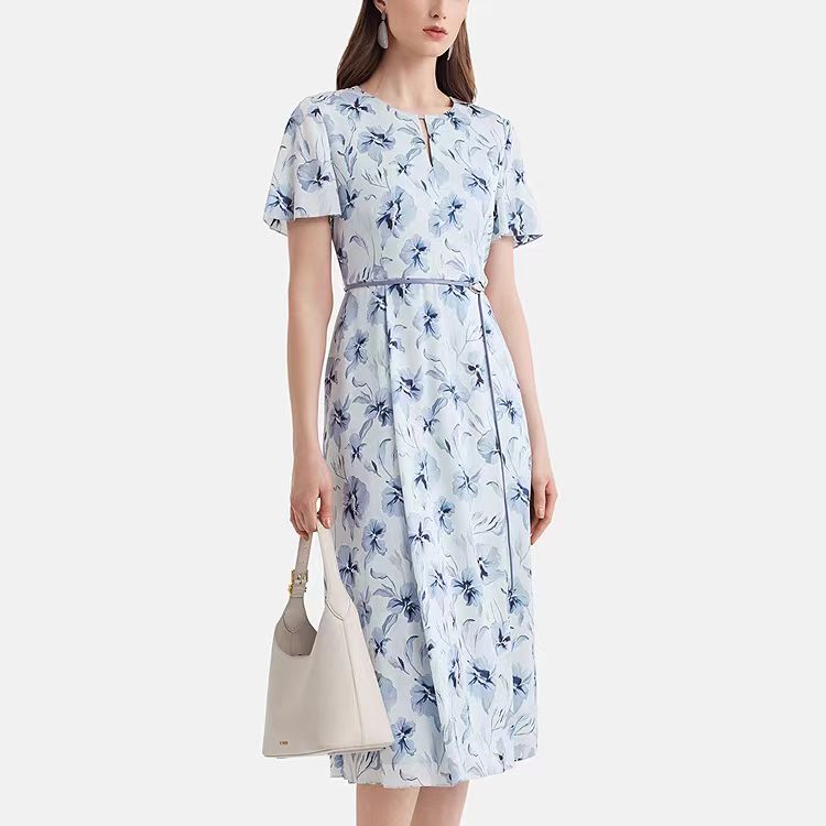 GD 01815女装清新印花束腰桑蚕丝连衣裙