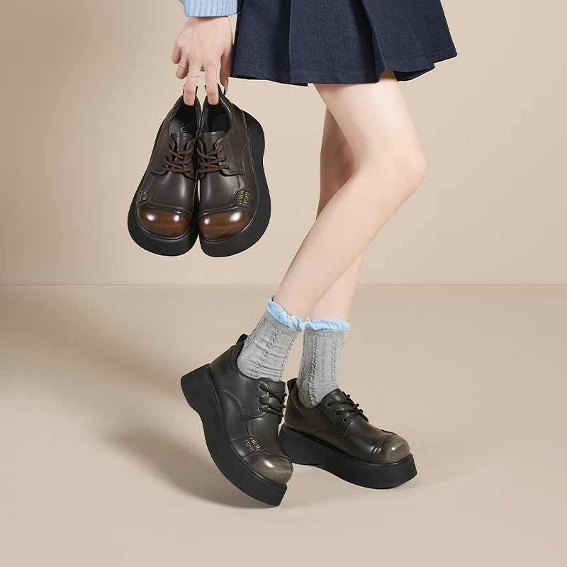 卓诗尼2025春季系带乐福鞋皮鞋圆头复古厚底日系学院风502A25411