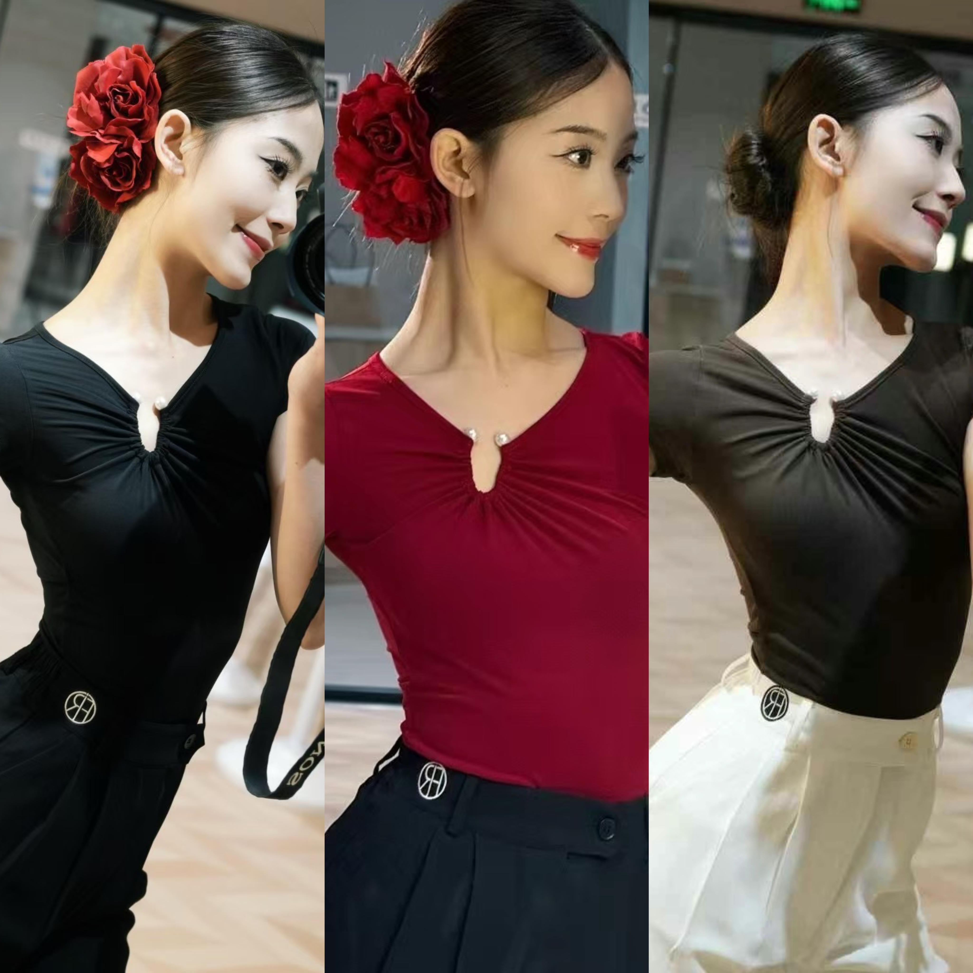 Fairy舞服拉丁摩登短袖上衣简约百搭显瘦u型扣珍珠自带胸垫底裤