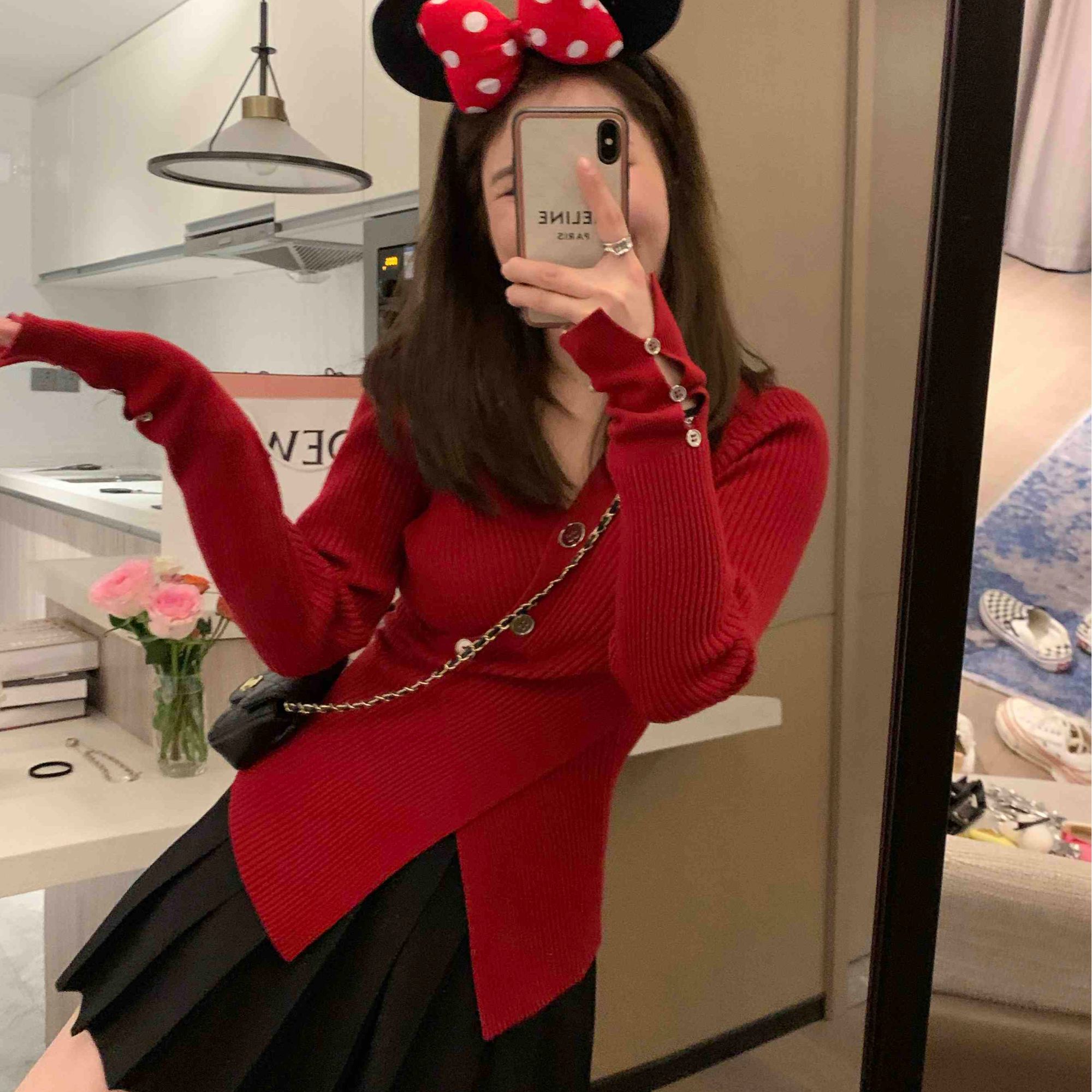 显瘦纸片人V领A4腰 修身坑条纯欲风针织毛衣交叉开叉长袖A08181