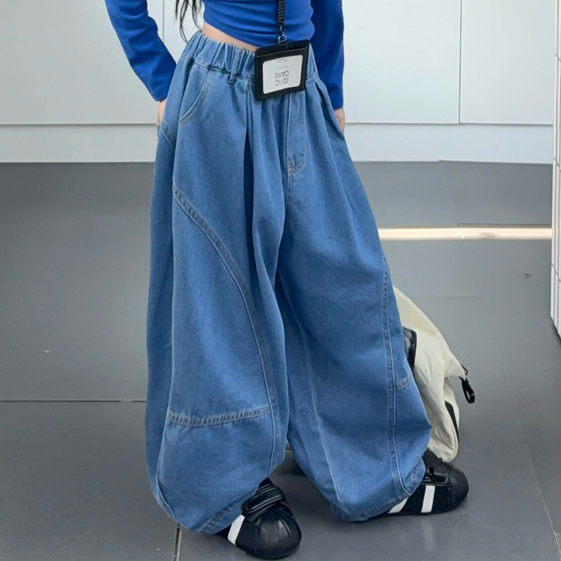 【嘻嘻柚】女童秋季弯刀牛仔阔腿裤2025新款时尚潮酷宽松牛仔香蕉裤