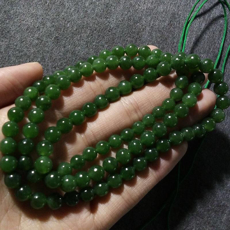 特惠俄天然和田玉碧玉菠菜辣绿圆珠6mm男女长款挂项手慢无