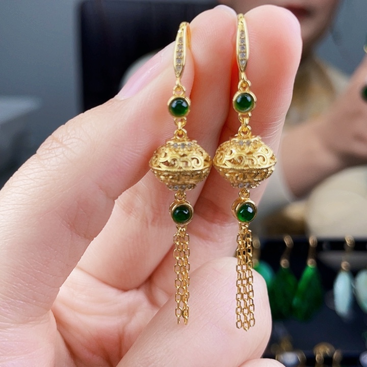 翡翠耳饰银S925镶嵌饰品