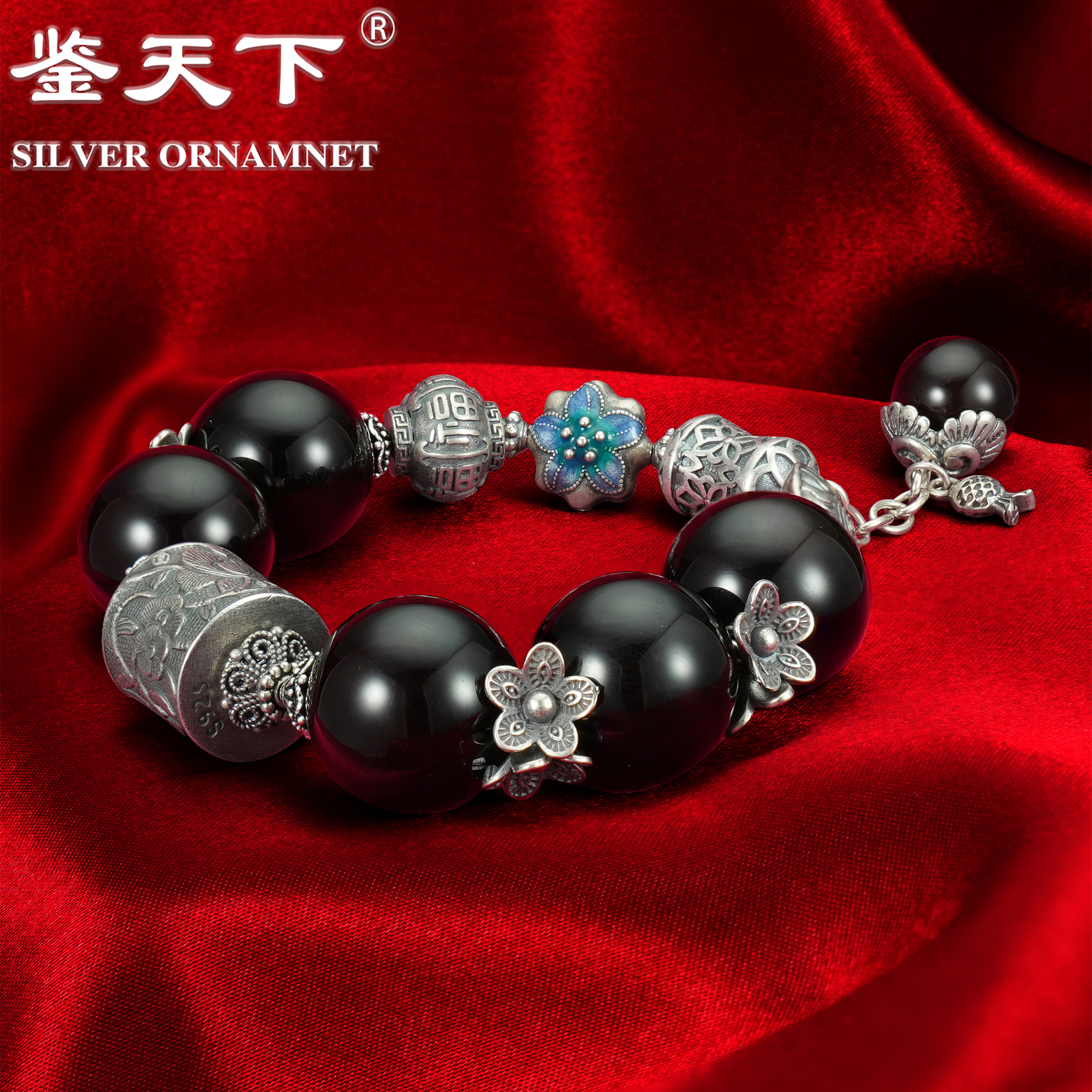 925银手链 [鉴天下] 复古圆珠福字灯笼手链06600196时尚国风