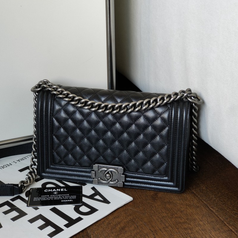 95新 Chanel/香奈儿 【24期免息】黑银荔枝皮leboy中号单肩包52378