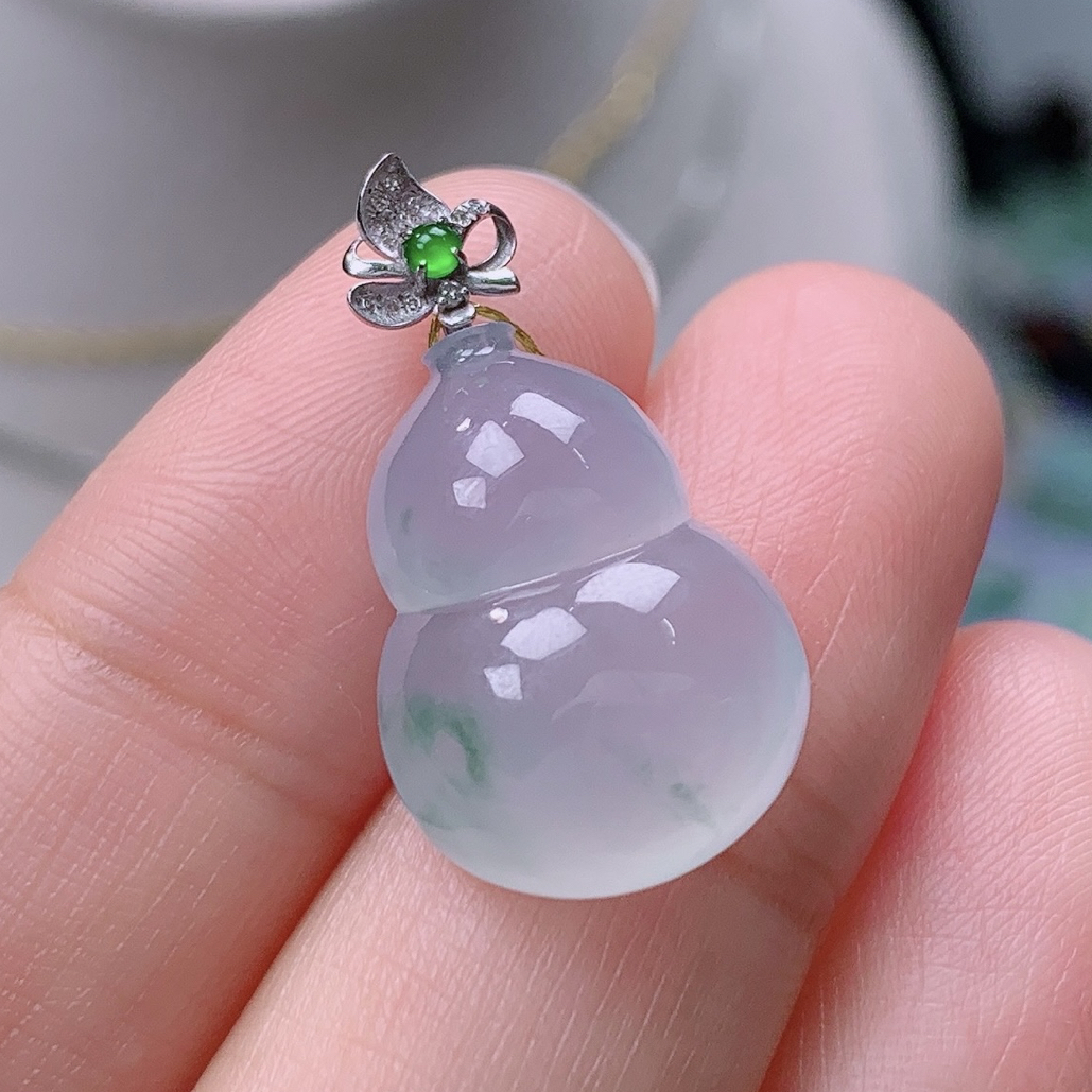 缅甸翡翠A货老坑18k金冰种飘花超饱满葫芦吊坠揭阳26^19*14.2*7.7