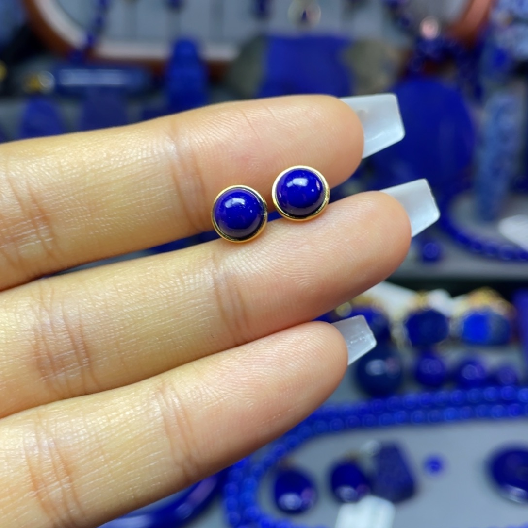 青金石银S925镀金镶嵌7mm耳饰