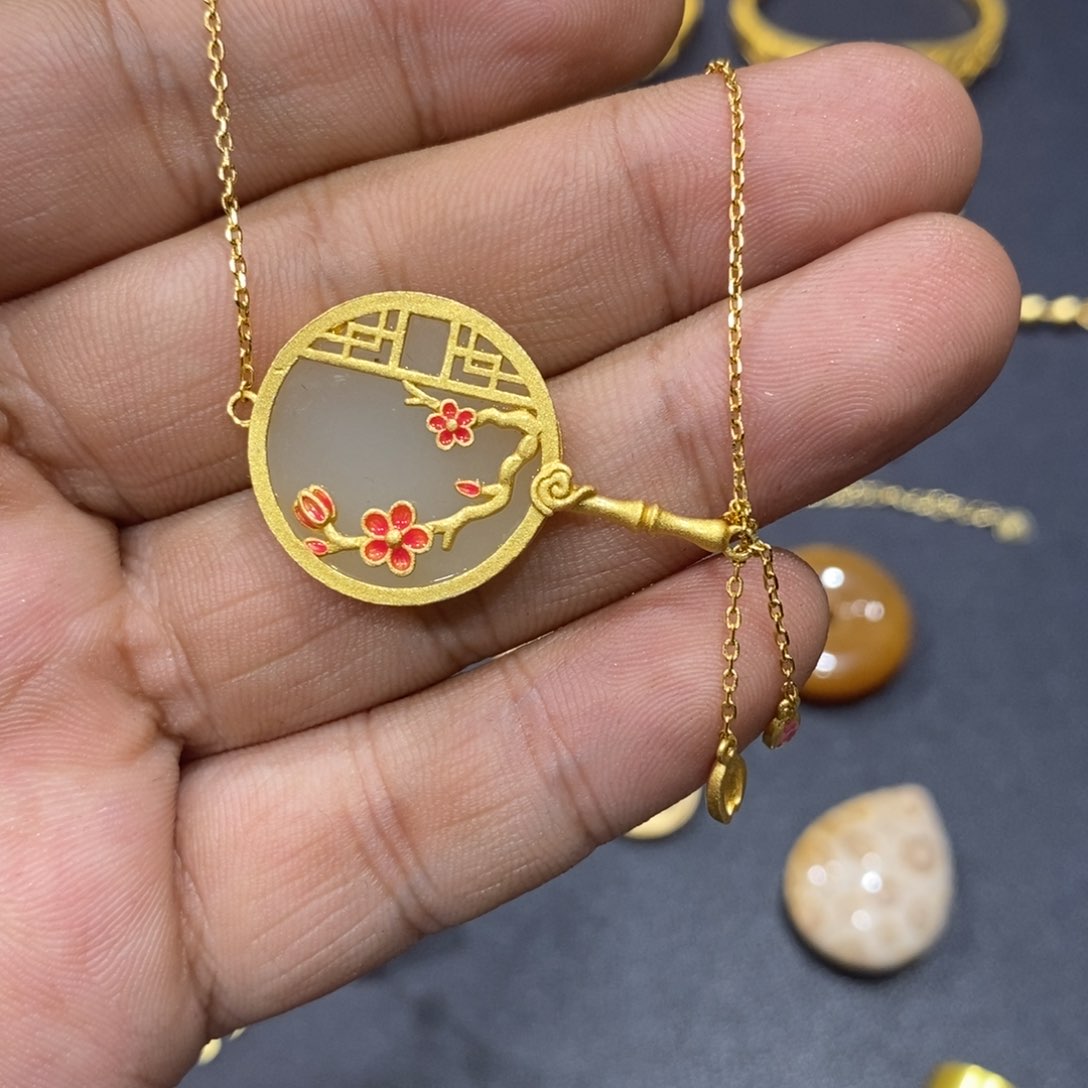 和田玉颈饰银S925镀金镶嵌