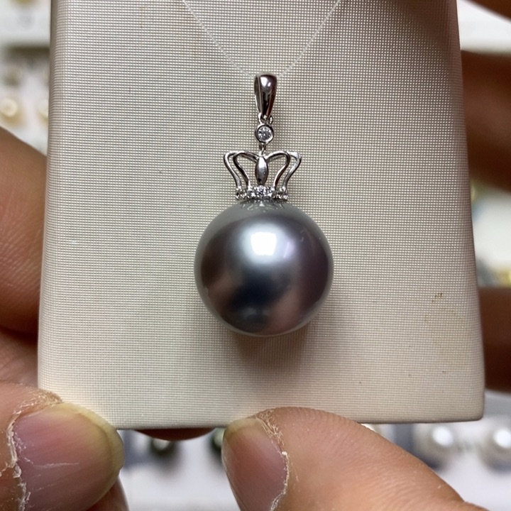 海水珍珠铂金灰珍珠吊坠14K金镶嵌