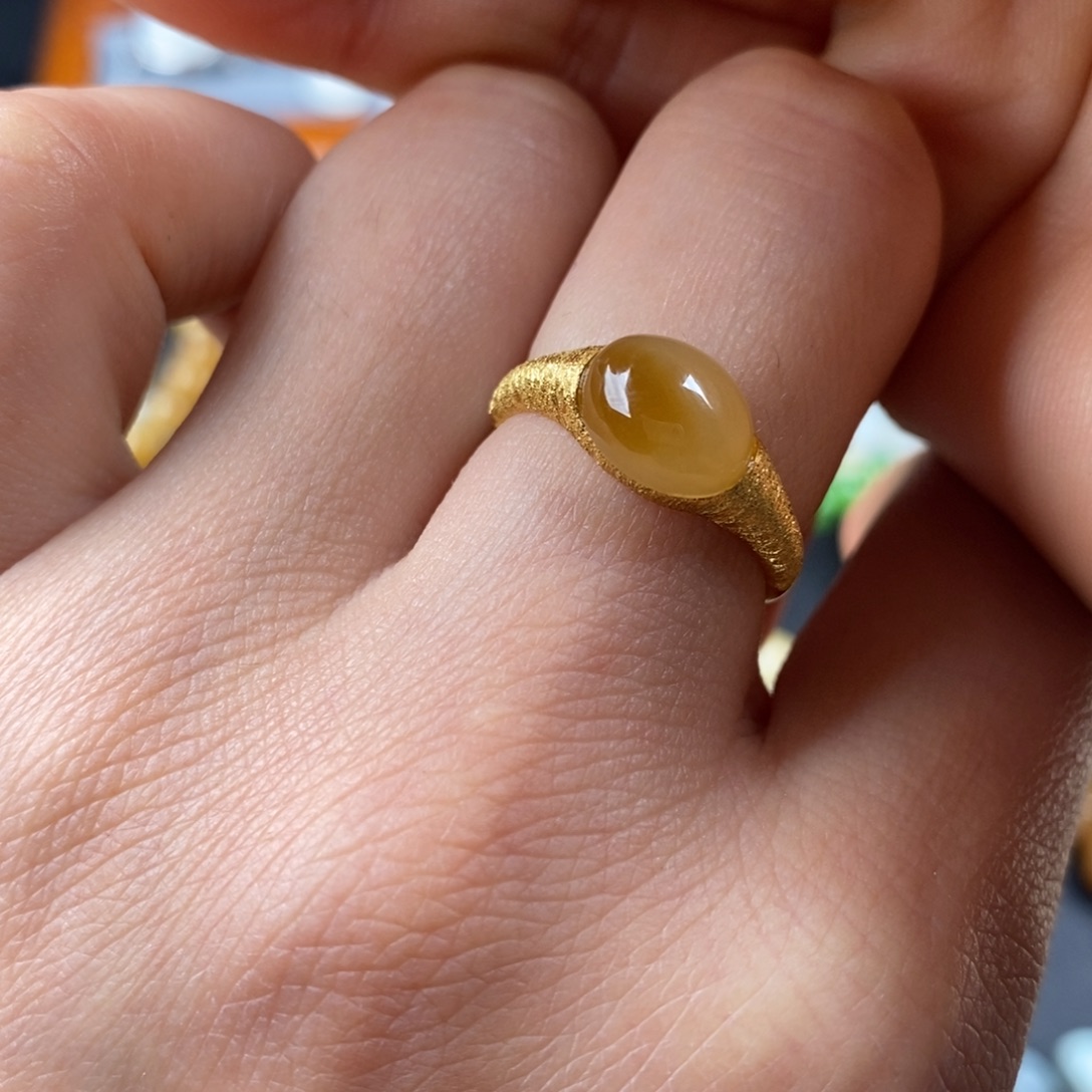 和田玉银S925镶嵌戒指糖白拉丝戒指