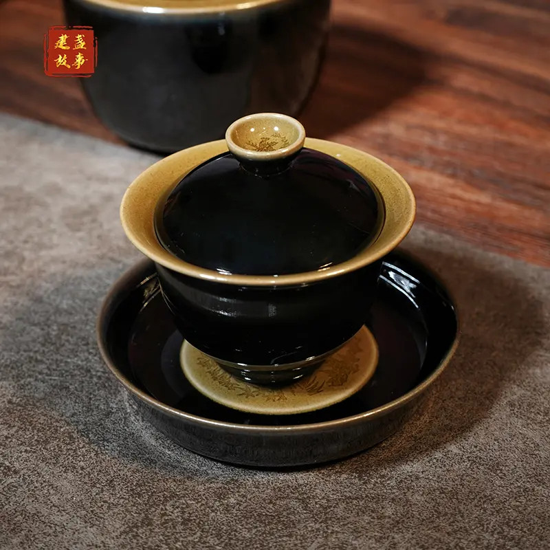 手工陶瓷茶具兰亭叙李光熙双鹿松竹梅盖碗复古茶道茶杯功夫茶具