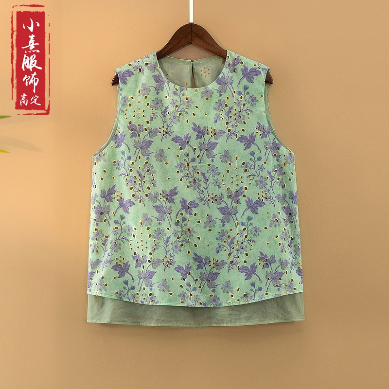 【夏莺】夏季2025新款上衣小衫新中式女装国风圆领提花气质无袖衬衫