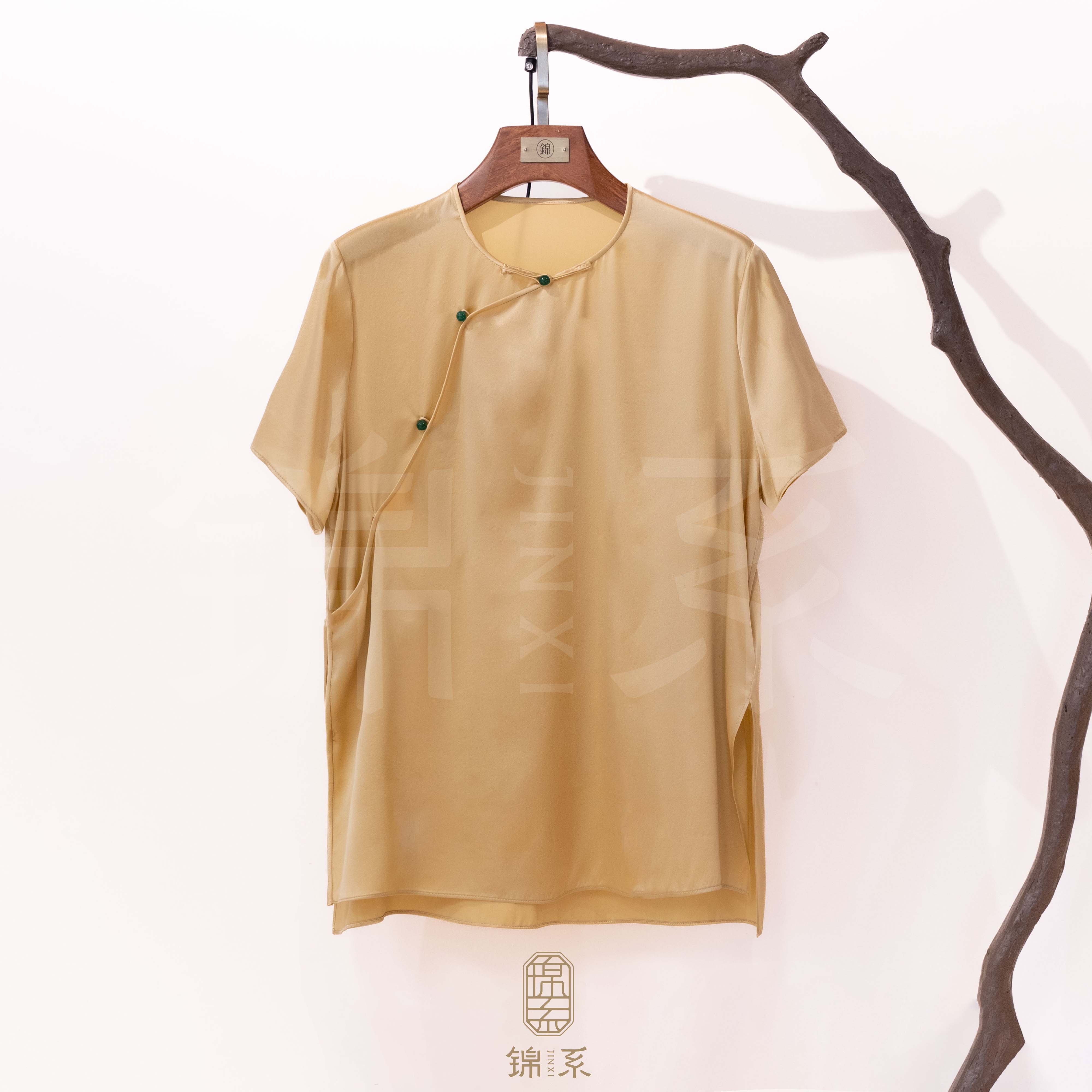 【锦系】真丝弹力缎新中式国风桑蚕丝圆领斜襟短袖上衣C-383023