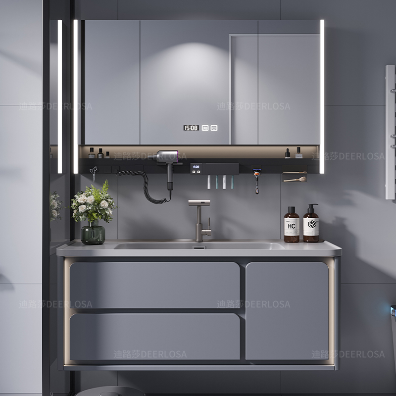 居家好物轻奢灰色浴室柜组合圆角挡水一体盆实木智能卫生间洗脸盆