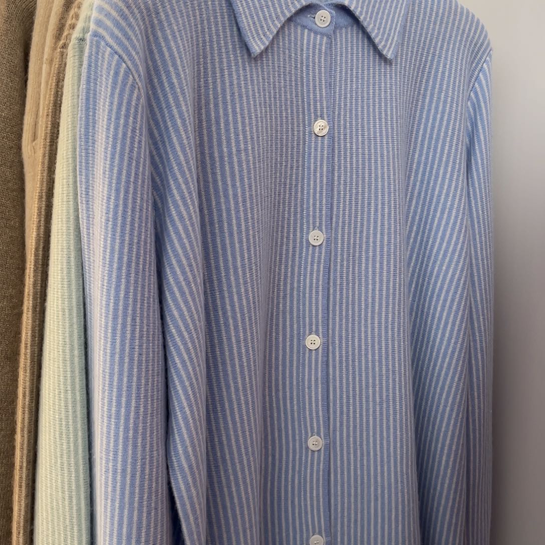 蓝条纹 衬衣款 羊绒 开衫