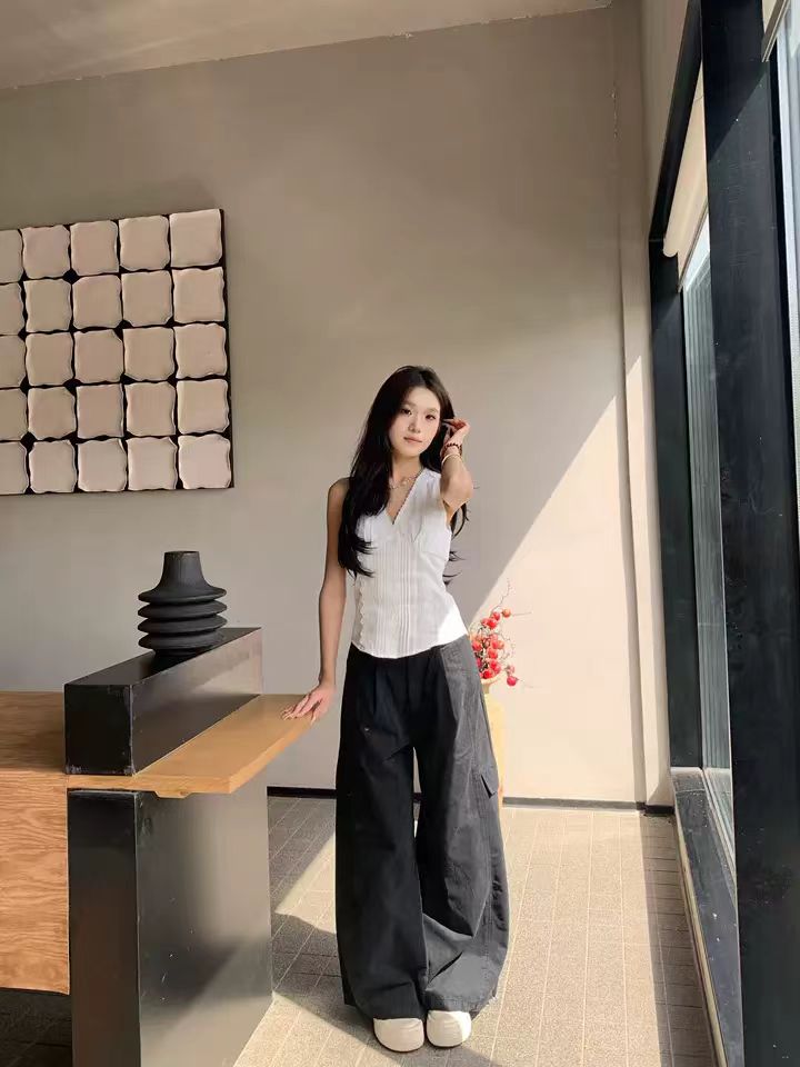 美式复古休闲裤女夏季垂感休闲长裤显瘦百搭工装裤子