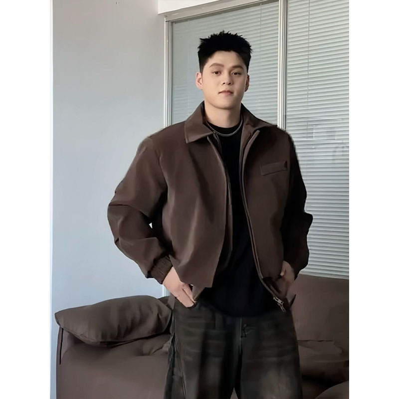 棕色短款正肩夹克男款秋季boxy短宽外套肤肌理格纹拼接设计棒球服