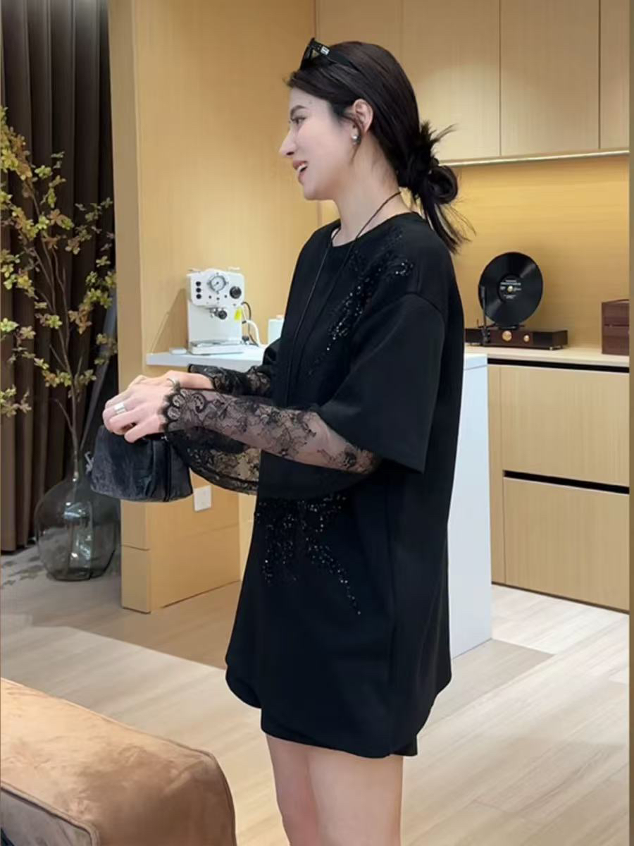 【yueyue】假两件蕾丝钉珠T恤