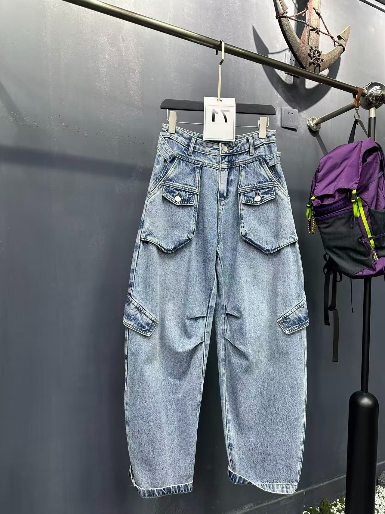 71（矮个亲妈）小众设计潮牌阔腿弯刀百搭休闲牛仔裤 1753#2357