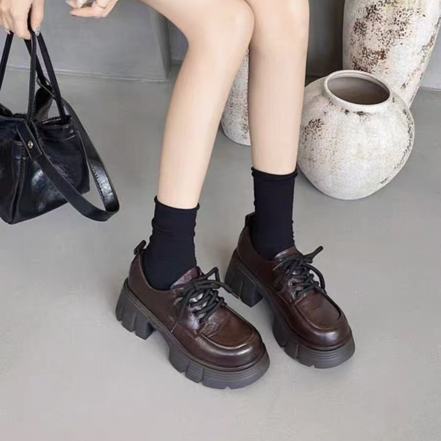 9360-3厚底小个子乐福鞋女2025秋季新款粗跟小皮鞋系带休闲单鞋