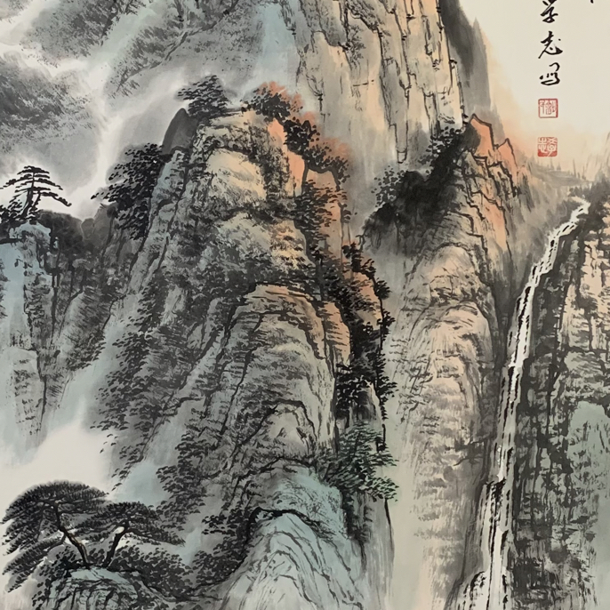 宣纸国画山水画山水旭日东升画心尺寸70x140已托心无框挂画客厅