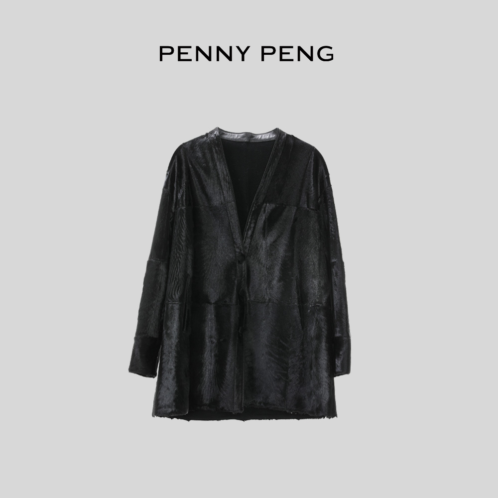 PENNYPENG流光晚宴秋冬气质轻奢时尚设计师黑色高奢羊皮羊毛外套