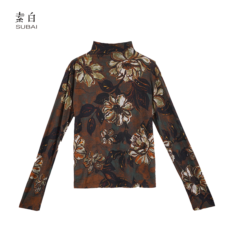 素白100%美丽诺羊毛【敦煌】T01916半高领复古艺术优雅长袖打底上衣