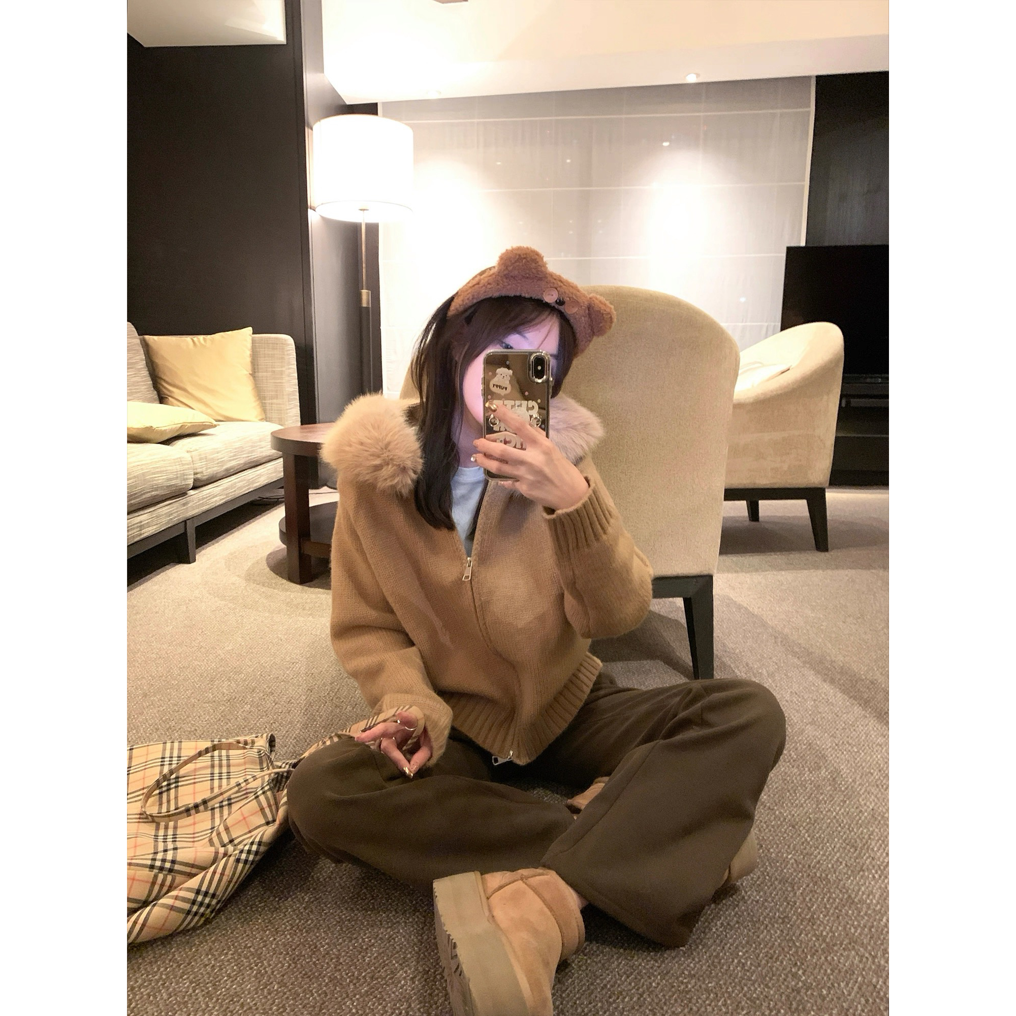 【运补找客服】可拆卸毛领连帽短款毛领拉链针织开衫女秋冬软糯上衣