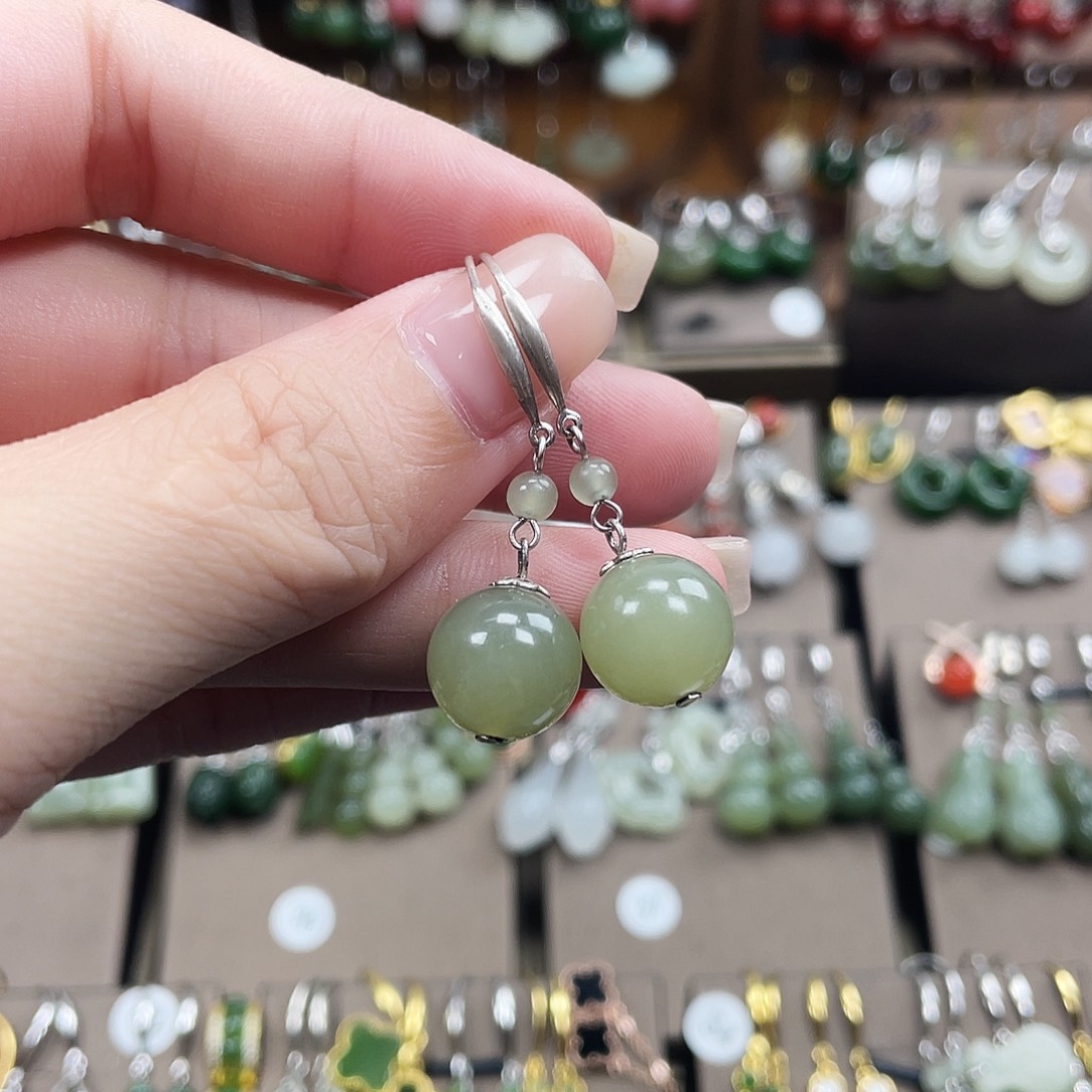 和田玉银S925镶嵌耳坠圆珠12