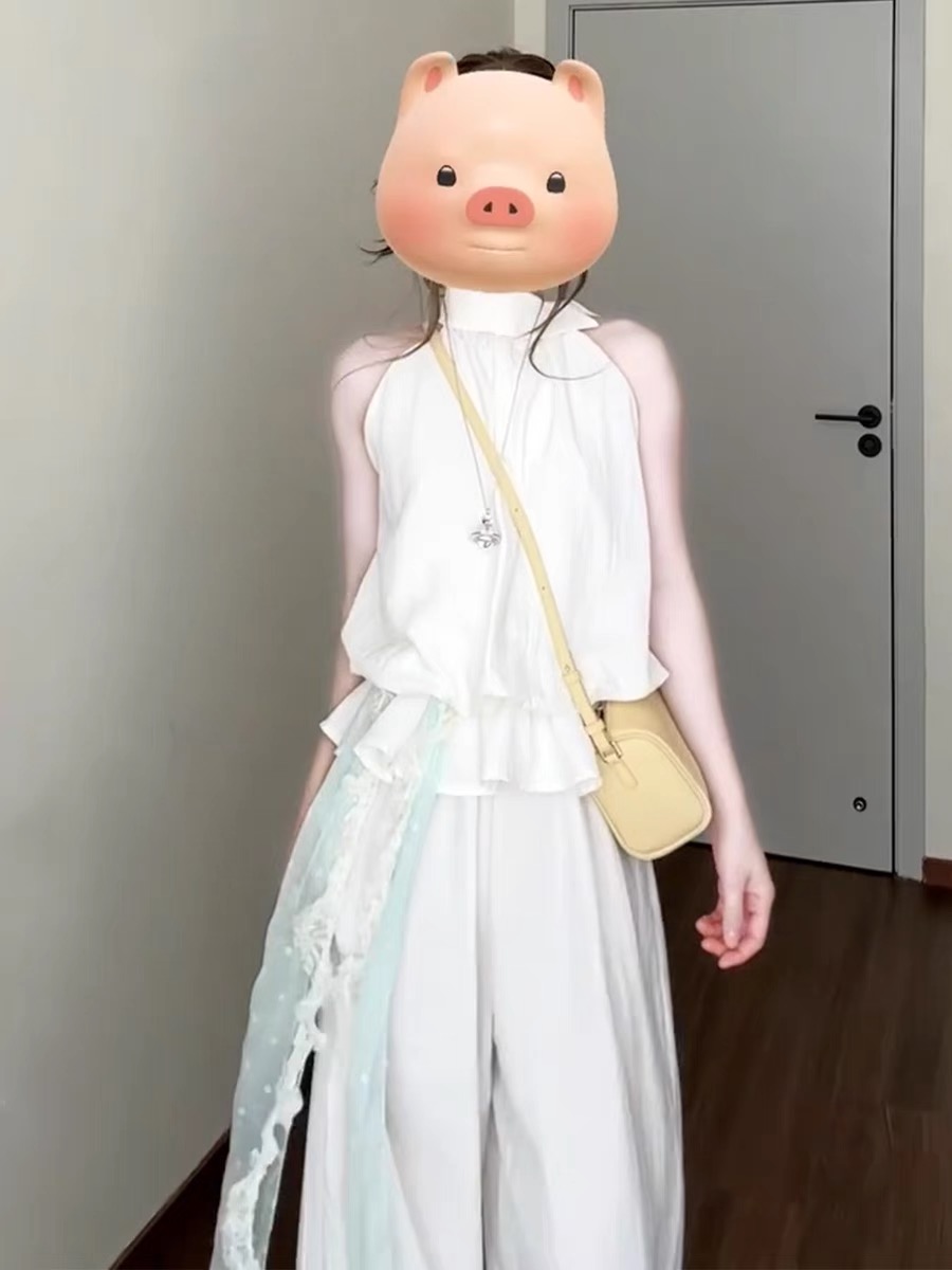 气质一整套ootd穿搭白色无袖挂脖上衣阔腿休闲长裤两件套装女2025