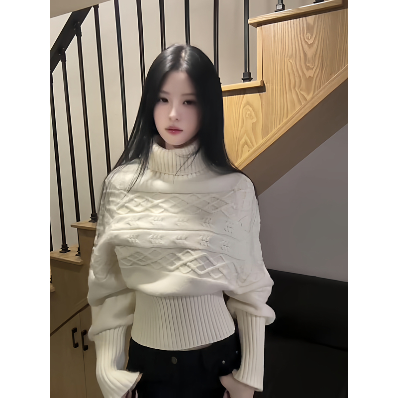 绞花蝙蝠袖套头毛衣女高领收腰上衣慵懒显瘦气质针织衫软糯秋冬