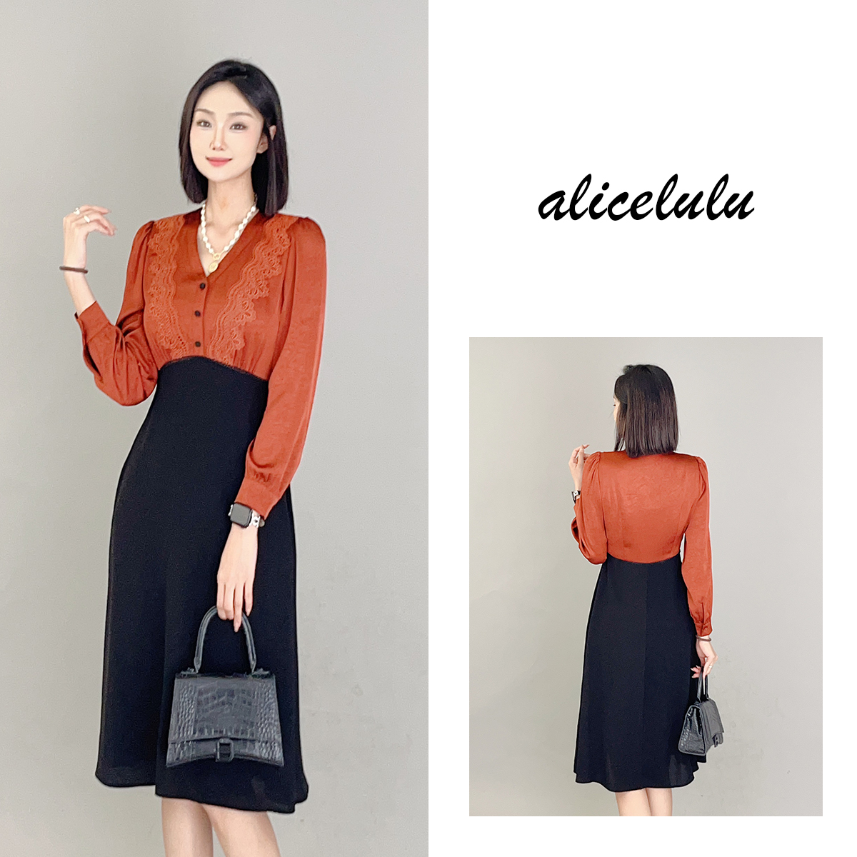 2 alicelulu“通勤倩影”连衣裙优雅蕾丝时髦拼接S1034163A