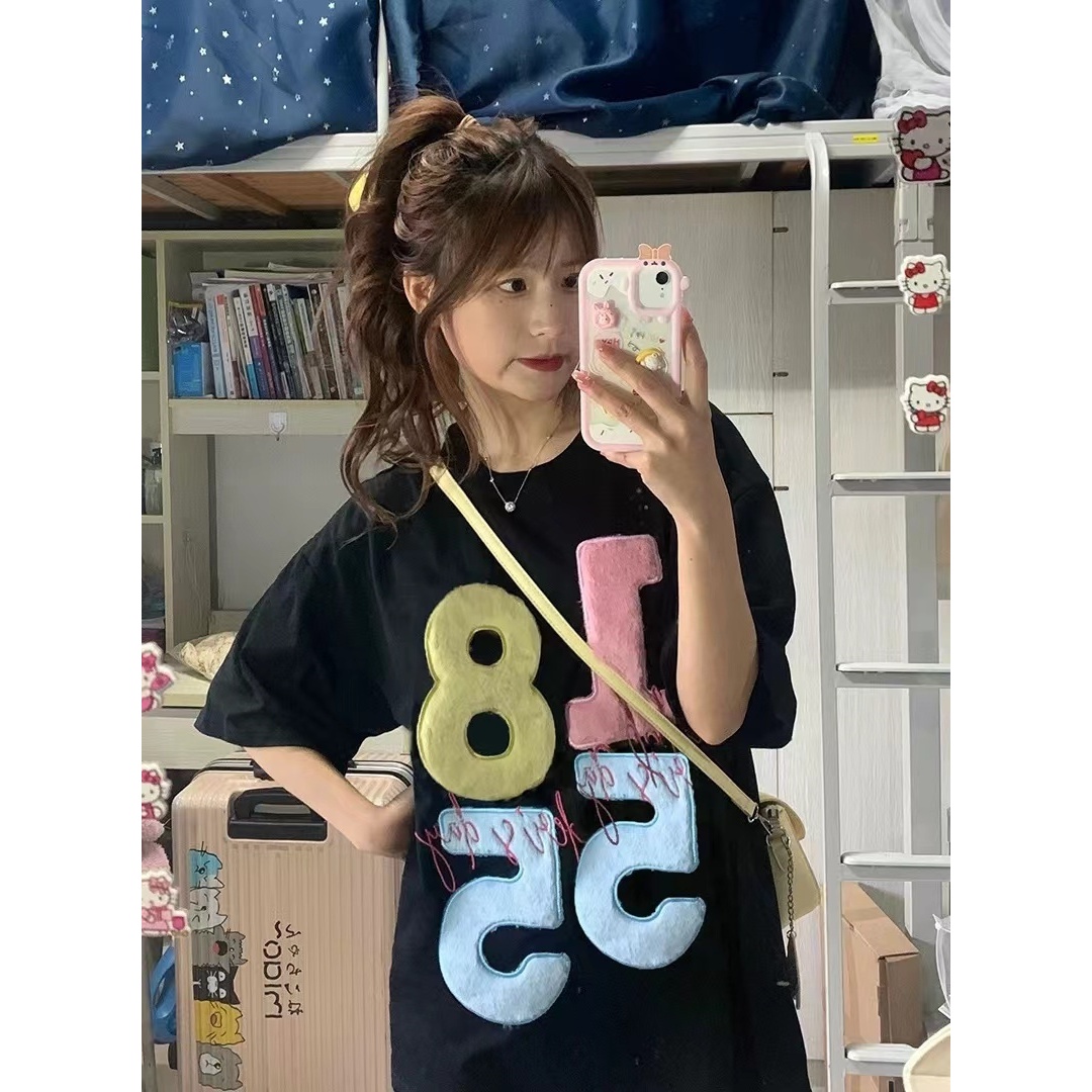 女夏季新款时尚刺绣百搭宽松大T亲子B3253