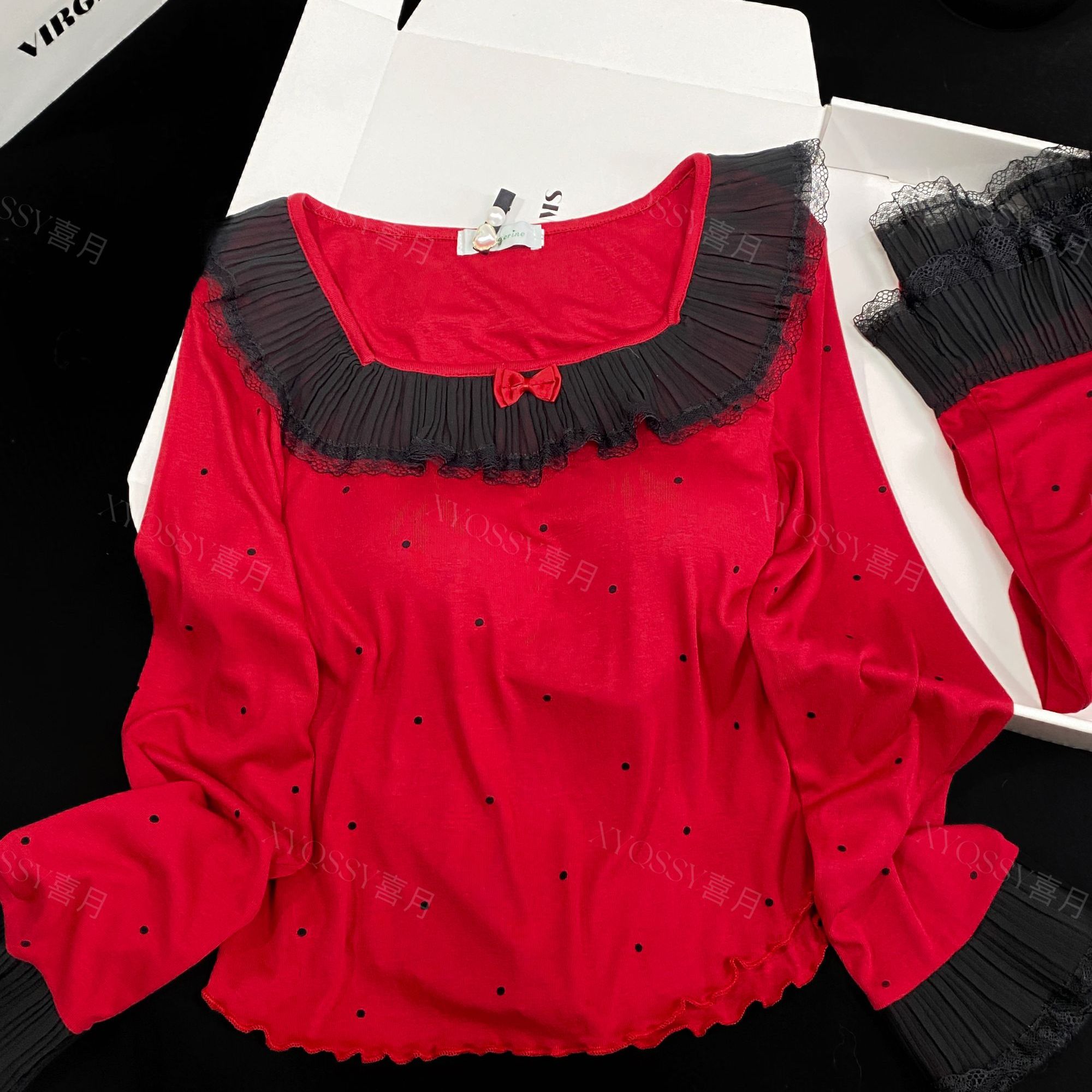 仲夏夜红带胸垫长袖波点蕾丝新款红色洋气代尔棉可外穿家居服套装