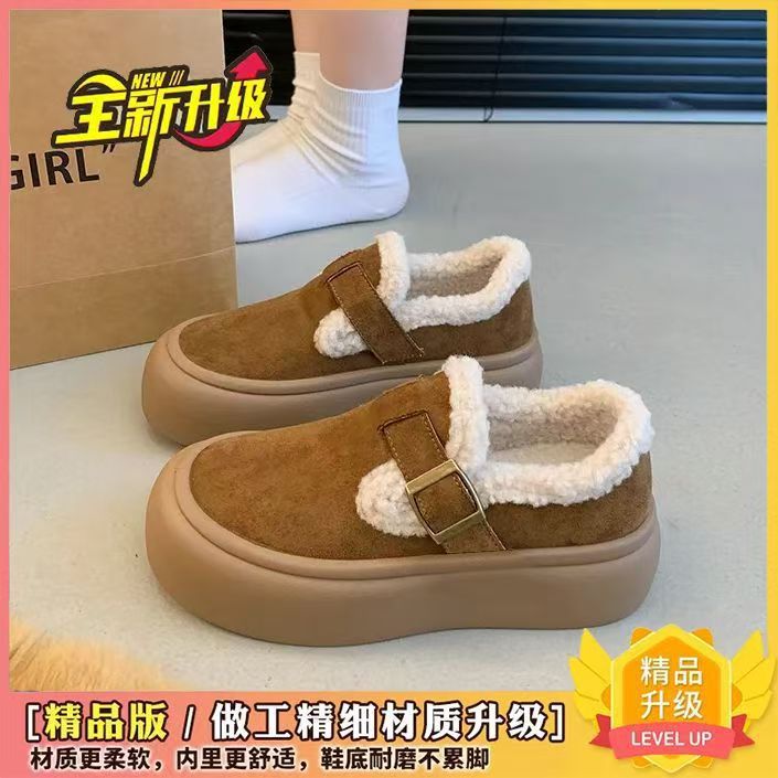 新款冬季加厚加绒保暖防滑户外韩版时尚纯色搭扣鱼嘴平跟内增