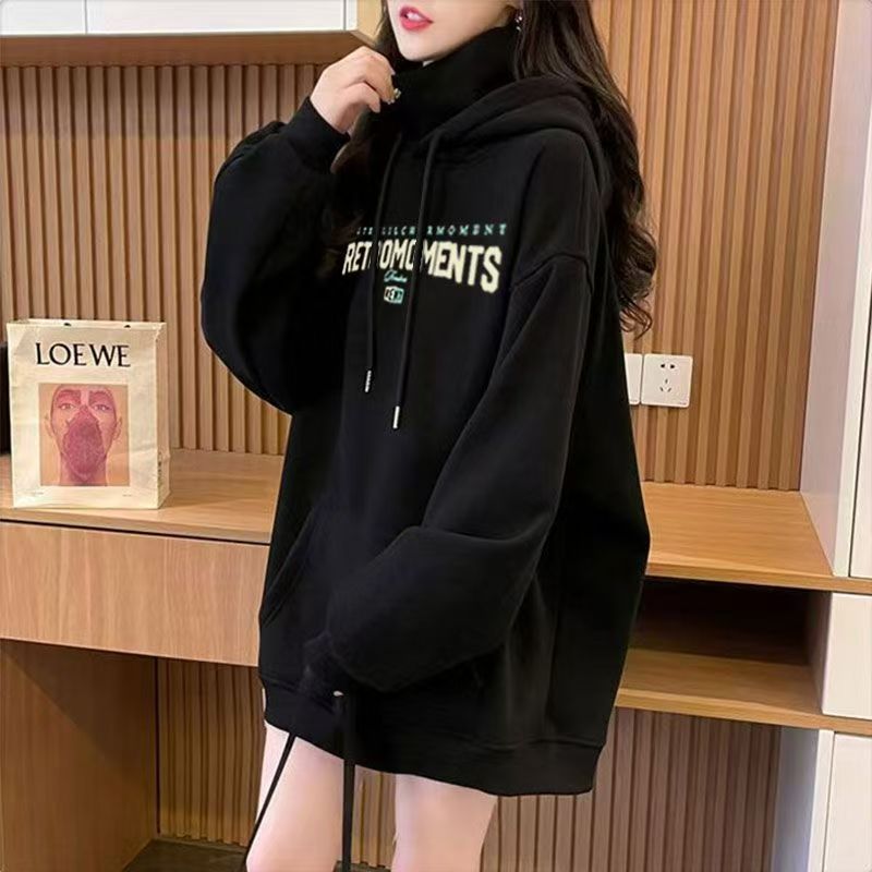 #80261秋冬宽松字母连帽卫衣女设计感美式加绒加厚卫衣