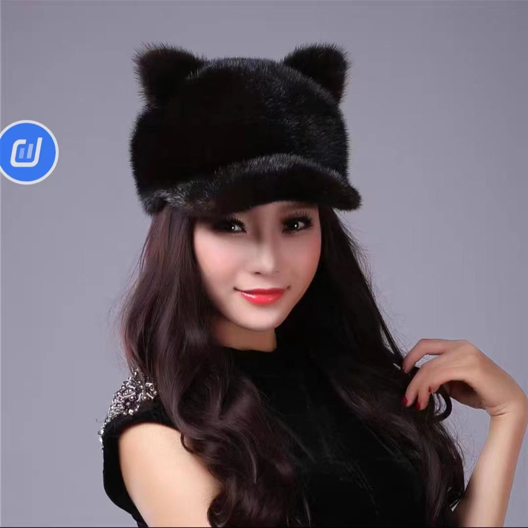新款秋冬时尚街头女士拼貂水貂毛帽子保暖帽猫耳朵洋气百搭鸭舌帽