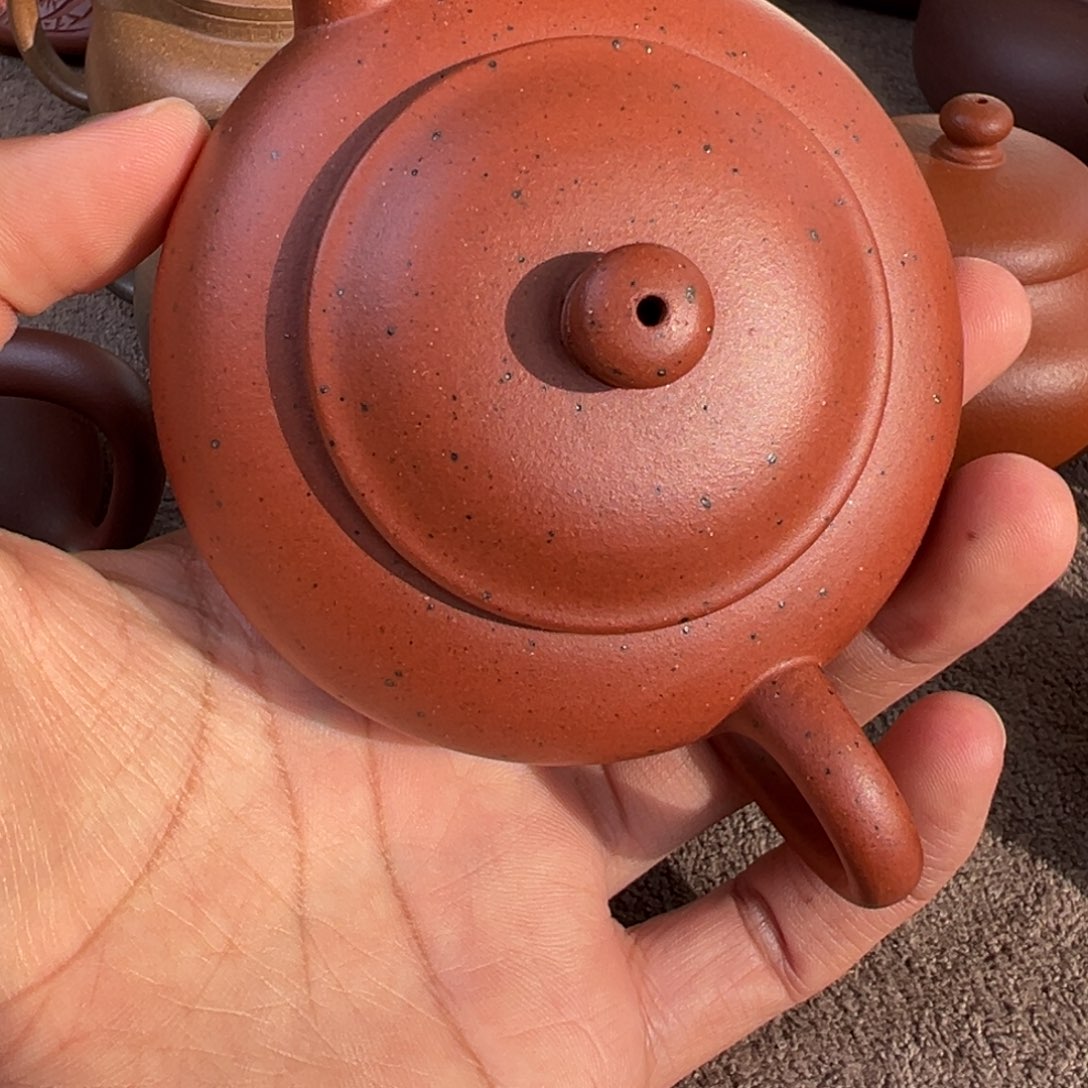 紫砂茶壶红泥扁水平微瑕