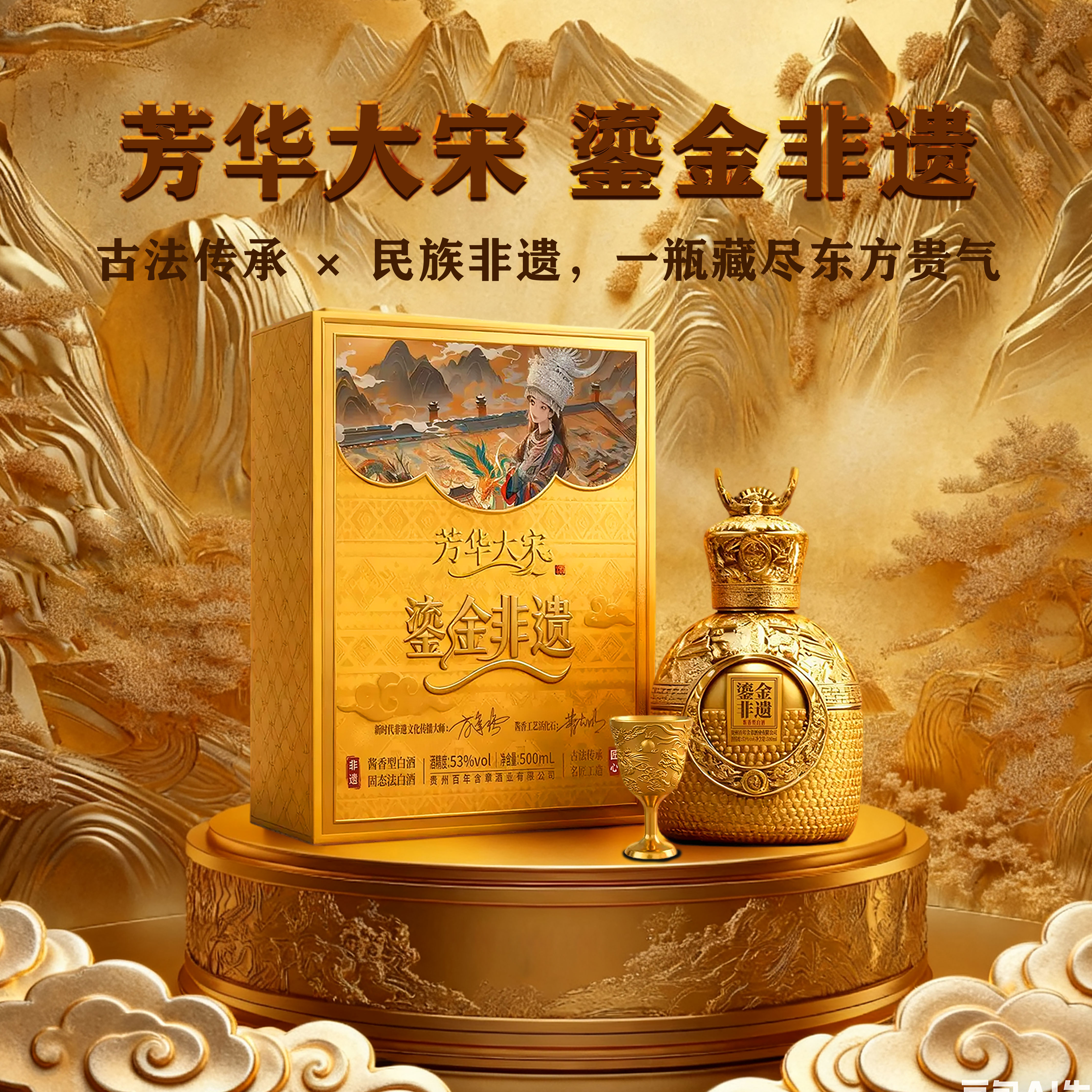 黔廊芳华大宋鎏金非遗贵礼酱香型白酒53%Vol500m'l