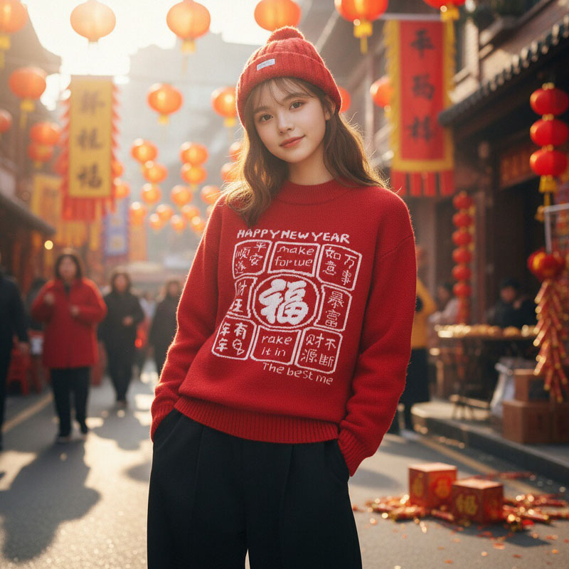 男女童毛衣大童拜年服冬季青少年中国风新年装加厚保暖红色针织衫