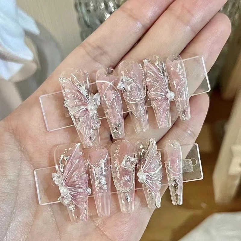 【蝴蝶仙子】纯手工图案可拆卸穿戴甲粉嫩色系长款梯形指甲气质白色