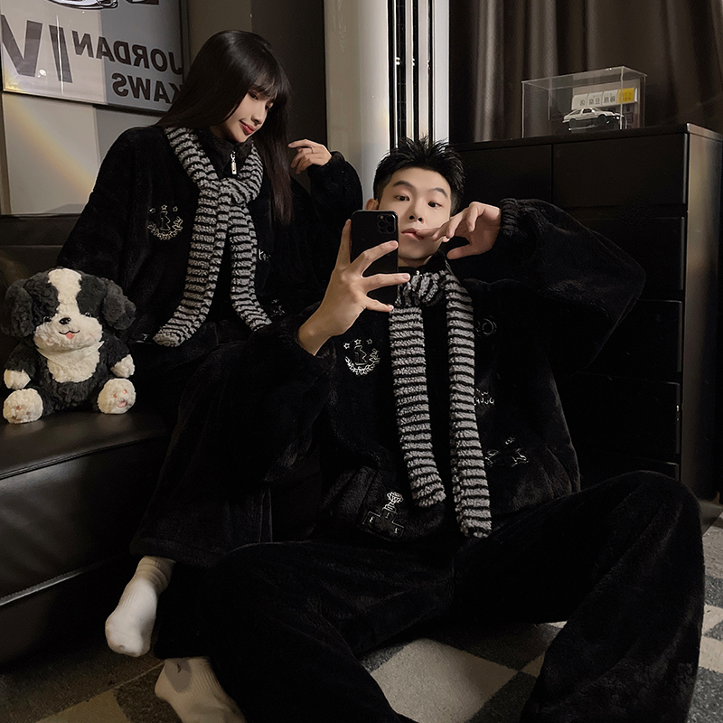 【新款预售】高级撞色情侣睡衣女秋冬法兰绒加厚珊瑚绒家居服套装冬