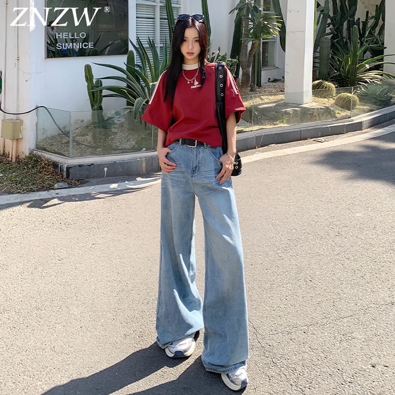 ZNZW宽松阔腿裤女2025秋季新款美式牛仔裤垂感高腰复古直筒裤子女