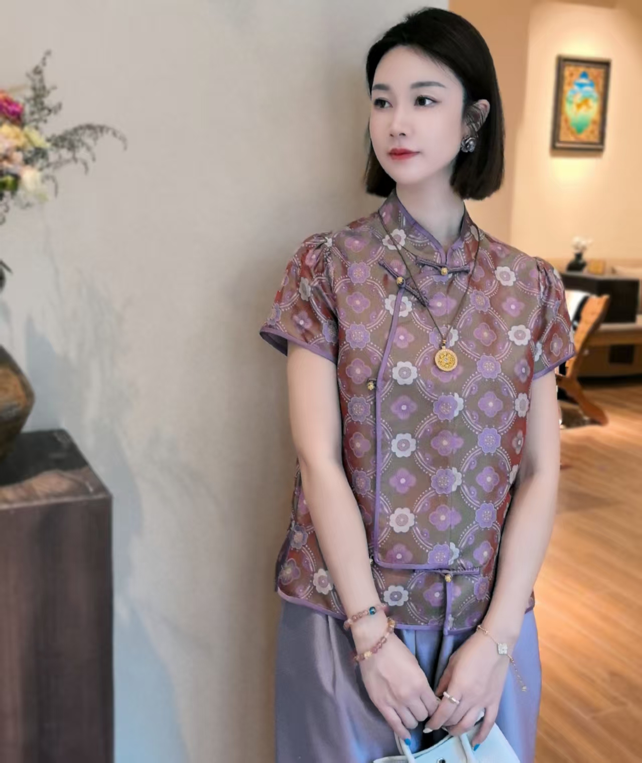 【格桑花】墨墨家高定新中式桑蚕丝古蜀锦格桑花夏天短袖上衣