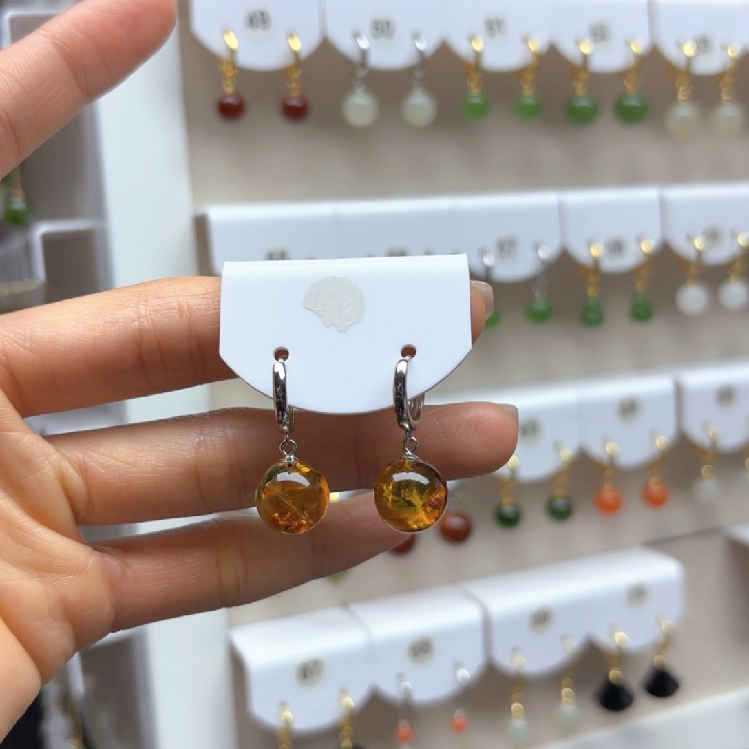 琥珀耳饰银S925镶嵌花珀