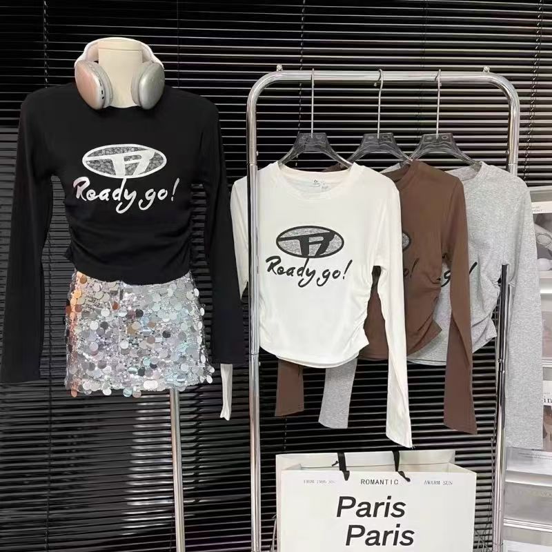  秋季新款字母纯色收腰修身显瘦长袖上衣女