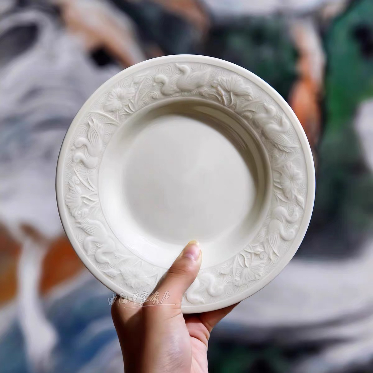 曲阳高档定瓷餐具定窑高温釉原矿白瓷莲塘浮鸭中式小餐盘家用商用