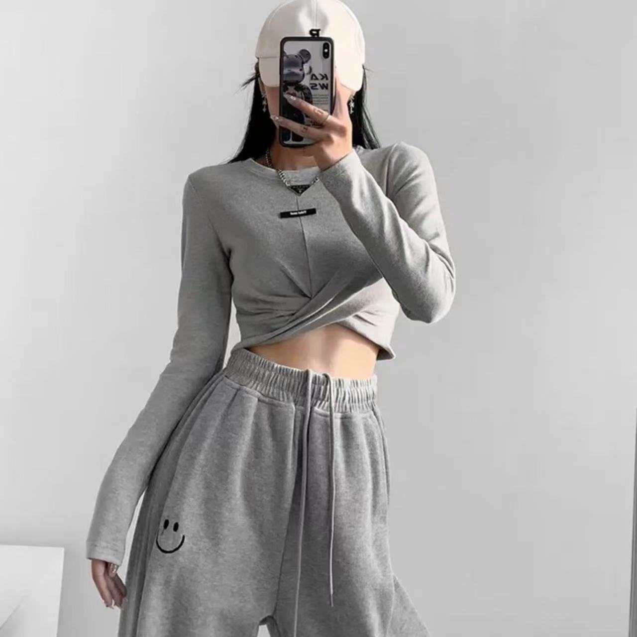 【意法-潮搭T•N】nn1260-时尚女装设计感针织衫灰色高腰短款显瘦