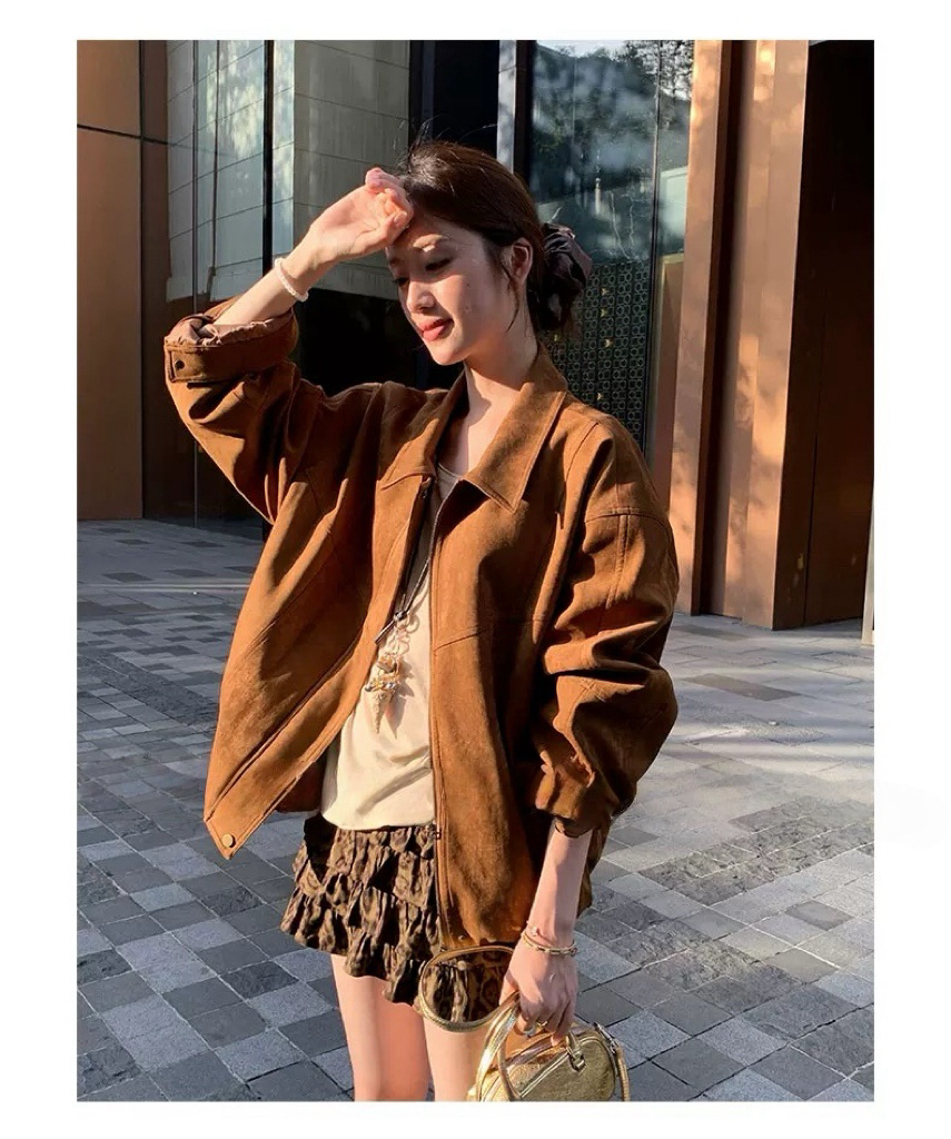 望野集WIdset（复古）秋日麂皮私藏翻领休闲百搭女机车短外套9126#